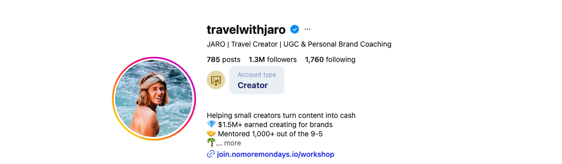 travelwithjaro Instagram profile - 1.3M followers