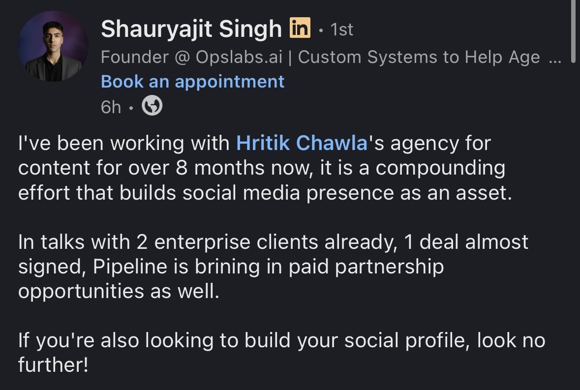 Shauryajit Singh LinkedIn testimonial about working with SBT